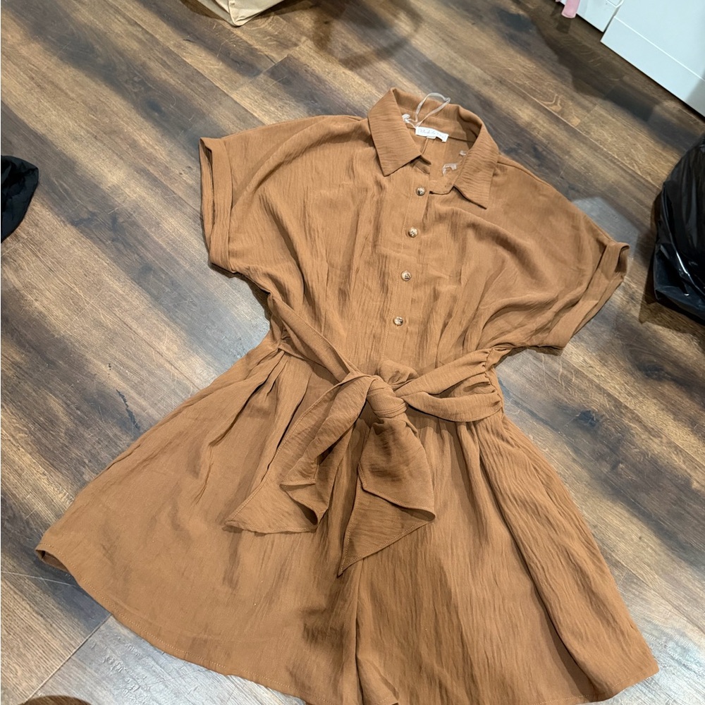 Brown Button-Up Romper with Belt
